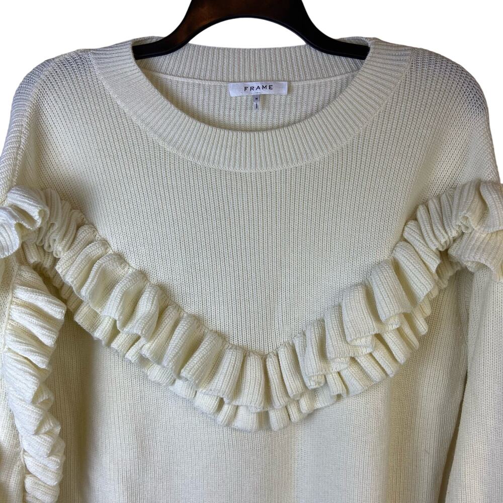 Frame Merino Wool Blend Sweater Women's Medium Cream Ruffle Ribbed Knit Dolman - Picture 4 of 10